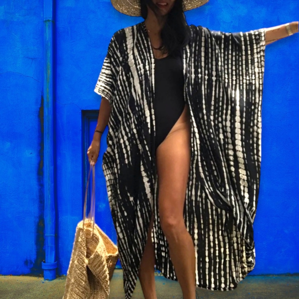 Boho style Black & White Tye Dye Kimono, Clothing/Swimsuit Beach Cover Up